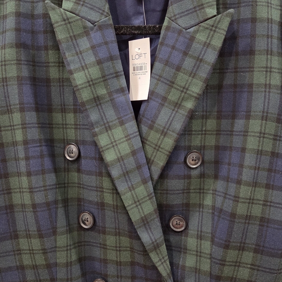 NWT LOFT Green and Navy Plaid Double-Breasted Blazer - Picture 4 of 8
